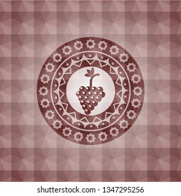 bunch of grapes icon inside red emblem or badge with abstract geometric pattern background. Seamless.