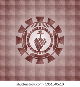 bunch of grapes icon inside red geometric emblem. Seamless.