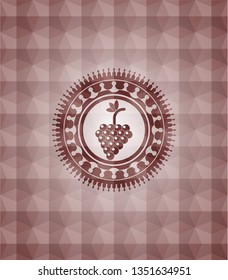 bunch of grapes icon inside red emblem with geometric pattern background. Seamless.