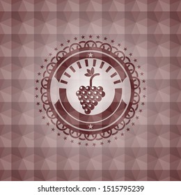bunch of grapes icon inside red geometric pattern emblem. Seamless.
