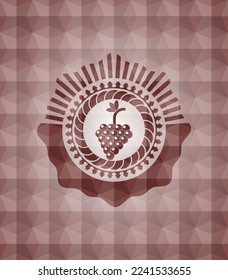 bunch of grapes icon inside red geometric pattern emblem. Seamless. 