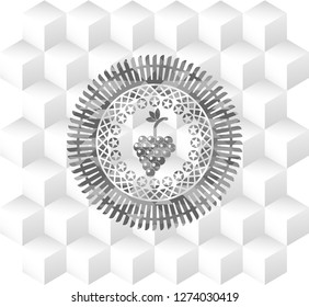 bunch of grapes icon inside retro style grey emblem with geometric cube white background