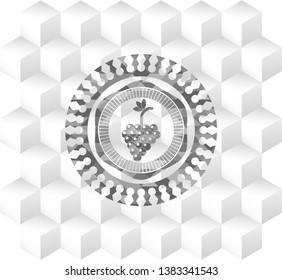 bunch of grapes icon inside retro style grey emblem with geometric cube white background