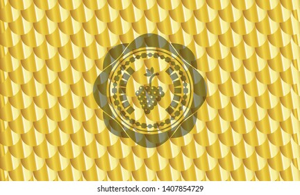 bunch of grapes icon inside shiny golden emblem. Scales pattern. Vector Illustration. Detailed.