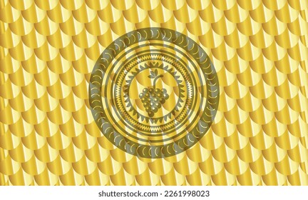 bunch of grapes icon inside shiny golden emblem. Scales pattern. Vector Illustration. Detailed. 