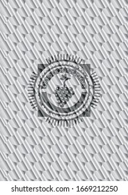 bunch of grapes icon inside silver badge or emblem. Scales pattern. Vector Illustration. Detailed.