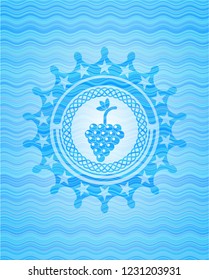 bunch of grapes icon inside water wave representation style badge.