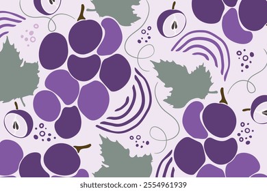 Bunch of grapes with leaf pattern. Simple grape in flat design. Vector illustration. Flat color cartoon style vector design