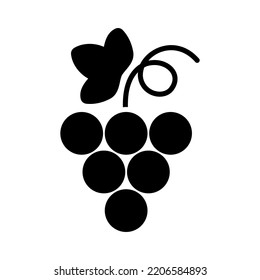 Montaje de uvas con icono de glifo vector hoja. Símbolo gráfico del sitio web de comida y bebida, diseño de aplicaciones, aplicaciones móviles y medios impresos, logotipo, interfaz de usuario