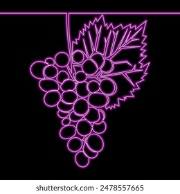 Manojo de uvas con vid de hoja, bodega, icono de jugo fresco concepto de Ilustración vectorial de neón resplandor