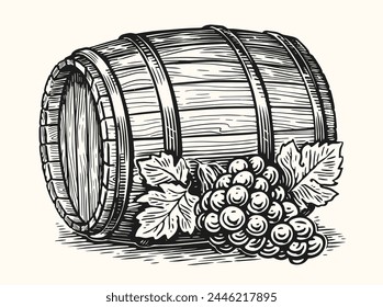 Manojo de uvas y barrica de roble. Dibujado a mano boceto Ilustración vectorial vintage