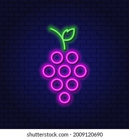 A bunch of grapes on a branch with a leaf. Logo for a winery, fruit, wine, juice department in a store. Neon Linear Design Element. Glowing vector sign.