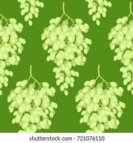 Bunch of grapes on a green background. A fancy pattern. Suitable as wallpaper in the kitchen and background for gift wrapping. Vector illustration.