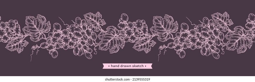 Montaje de uvas en el fondo violeta.Ilustración detallada a mano.