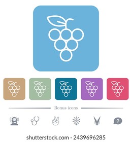 Manojo de uvas delinean iconos planos blancos sobre fondos cuadrados redondeados de color. 6 iconos de bonificación incluidos