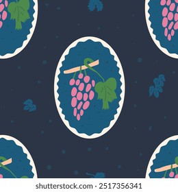 Bunch of grapes oval emblem seamless pattern. Circular fruit repeat background. Round retro badge endless design. Vector hand drawn illustration.