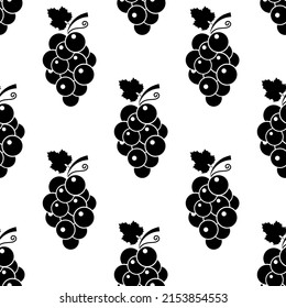 Bunch of grapes seamless pattern. Black sign wild berries and leaves on white background. Grapes flat icon. Design for print on fabric, wrapping paper, packaging with grapevine. Vector illustration