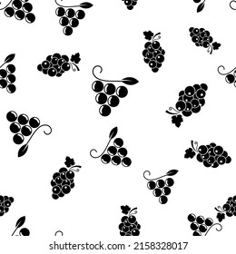 Bunch of grapes seamless pattern. Black sign wild berries and leaves on white background. Grapes flat icon. Design for print on fabric, wrapping paper, packaging with grapevine. Vector illustration