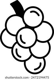 A bunch of grapes with a stem. The grapes are all different sizes and are clustered together. The stem is long and thin