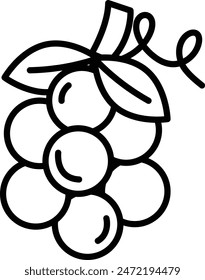 A bunch of grapes with a stem. The grapes are all different sizes and are clustered together. The stem is long and thin