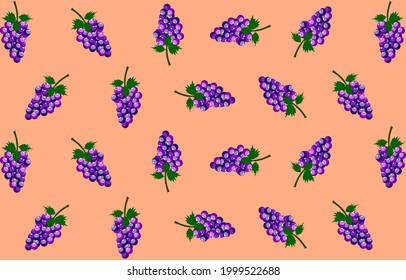 Conjunto de uvas con tallo y hoja aisladas en el fondo naranja,fruta fresca.Conjunto de uvas vectorial Ilustración