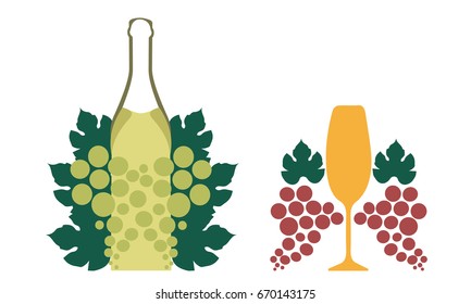 A bunch of grapes. Vector set of bottle for alcohol. Wine list. Bottle background. Glasses for alcoholic drinks. Design for cocktail party.  