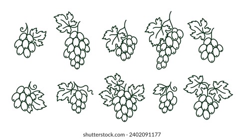 Bunch of grapes vine icon set. Vector line. Editable outline stroke.