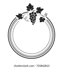 Bunch of grapes with vines and leaves. Round label. 