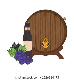 bunch of grapes with wine bottle and wooden barrel dispenser over white background, vector illustration