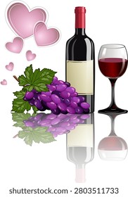 A bunch of grapes and wine in a bottle.Vector illustration with red wine in a glass and bottle and a bunch of grapes on a transparent background with reflection.