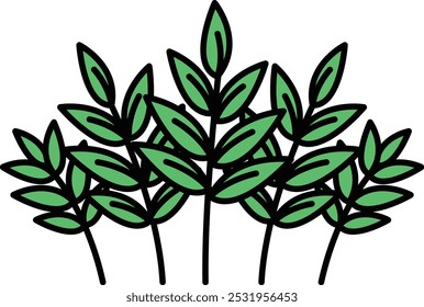 A bunch of green leaves are drawn in black. The leaves are arranged in a row, with some overlapping each other. Scene is calm and peaceful, as the leaves are depicted in a simple and natural way