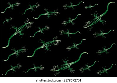 A bunch of green lizards scattered on a black background