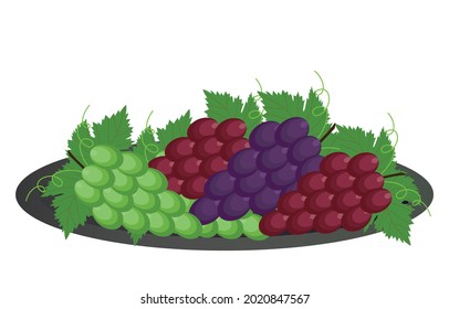 Bunch of green, red, purple grapes with stem and leaves in fruit plate. vector Illustration