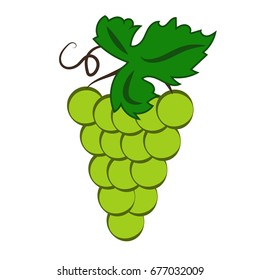 Bunch of green wine grapes with leaf flat color icon for food apps and websites. Vector illustration