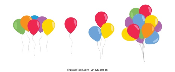 Bunch, group of colorful helium balloons in flat style vector collection. Ballons isolated on white background