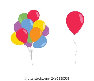 Bunch, group of colorful helium balloons in flat style vector collection. Ballons isolated on white background. 