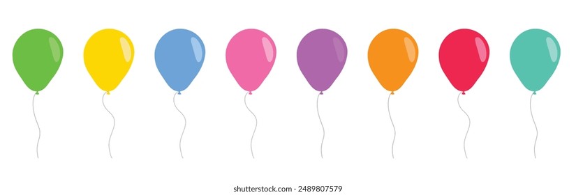 Manojo, grupo de globos de helio coloridos en colección de Vector de estilo plano.  Globos para cumpleaños y fiestas. Globos azules, rojos, amarillos, rosas y amarillos aislados sobre fondo blanco.