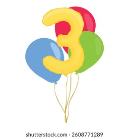 Bunch, group of colorful helium balloons with golden three number baloon isolated on white background. Anniversary, birthday concept. Vector