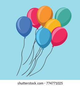 Bunch or group of colorful helium balloons isolated on simple blue background.