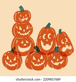Bunch of Halloween pumpkins. Jack lantern. Decor for Halloween. Funny pumpkins. Background, poster, t-shirt design. Vector illustration with risograph print effect