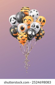 Manojo de globos temáticos de Halloween con caras divertidas aterradoras icono de color realista. Decoración festiva de fiesta 3d ilustración de objetos sobre fondo púrpura