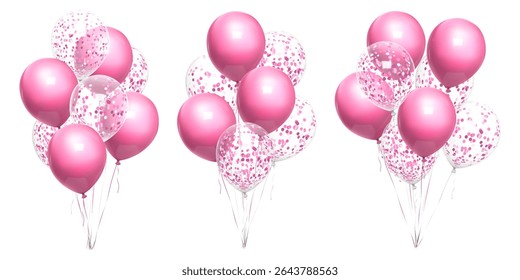 Bunch of happy birthday balloons 3d, minimal bday present. Pink corol party decoration, vector isolated on white bg. Inflated air balls float, realistic element mockup. Anniversary helium gift set