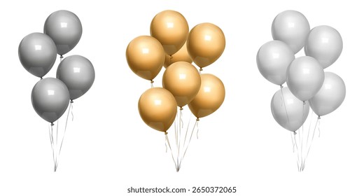 Bando de balões de aniversário felizes 3d, presente de bday mínimo. Ouro, decoração de festa de coroa de prata, vetor isolado no saco branco. Bolinhas de ar infladas flutuam, maquete de elemento realista. Presente de hélio no aniversário