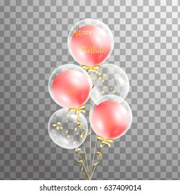 Bunch of Happy Birthday red, white transparent balloons with gold confetti inside isolated in the air. vector illustration