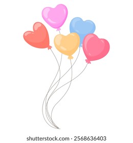 Bunch of heart shaped balloons isolated on white background. Two heart balloons tied together as a symbol of love in flat vector style for Valentine's Day