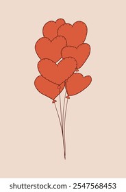 Manojo de globos en forma de corazón. Vector dibujado a mano ilustración en estilo retro. Clipart para el día de San Valentín, cumpleaños, boda, día de la madre, aniversario o fiestas de fiesta