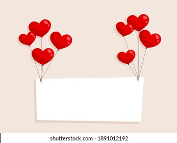 Un grupo de globos flotantes con forma de corazón atados con un cartel en blanco. Espacio para masajes de texto. ilustración para imprimir, afiche, banner, tarjeta de saludo, invitación, boda, Día de San Valentín. Vector plano.