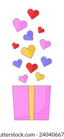 Bunch hearts gift box 2D linear cartoon object. Present with love isolated line vector element white background. Special affection showing. 14 february valentine s day color flat spot illustration