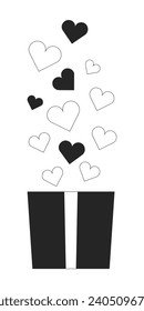 Bunch hearts gift box black and white 2D line cartoon object. Present with love isolated vector outline item. Special affection showing. 14 february valentine day monochromatic flat spot illustration