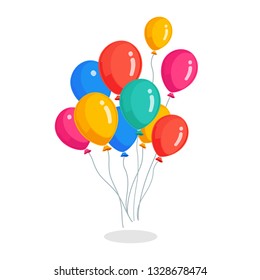 Bunch of helium balloon, flying air balls  isolated on white background. Happy birthday, holiday concept. Party decoration. Vector cartoon design